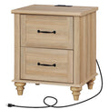 Light Rustic Oak Nightstand with Charging Station and 2 Drawers W69888