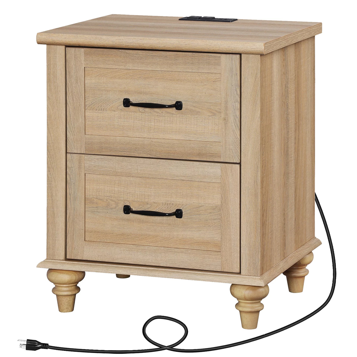 Light Rustic Oak Nightstand with Charging Station and 2 Drawers W69888