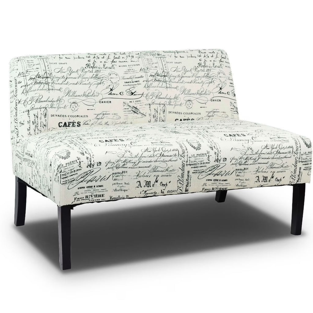 Off-White Cursive Pattern Loveseat Sofa with Black Wood Legs K5100
