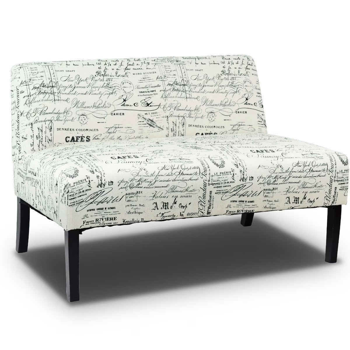 Off-White Cursive Pattern Loveseat Sofa with Black Wood Legs K5100