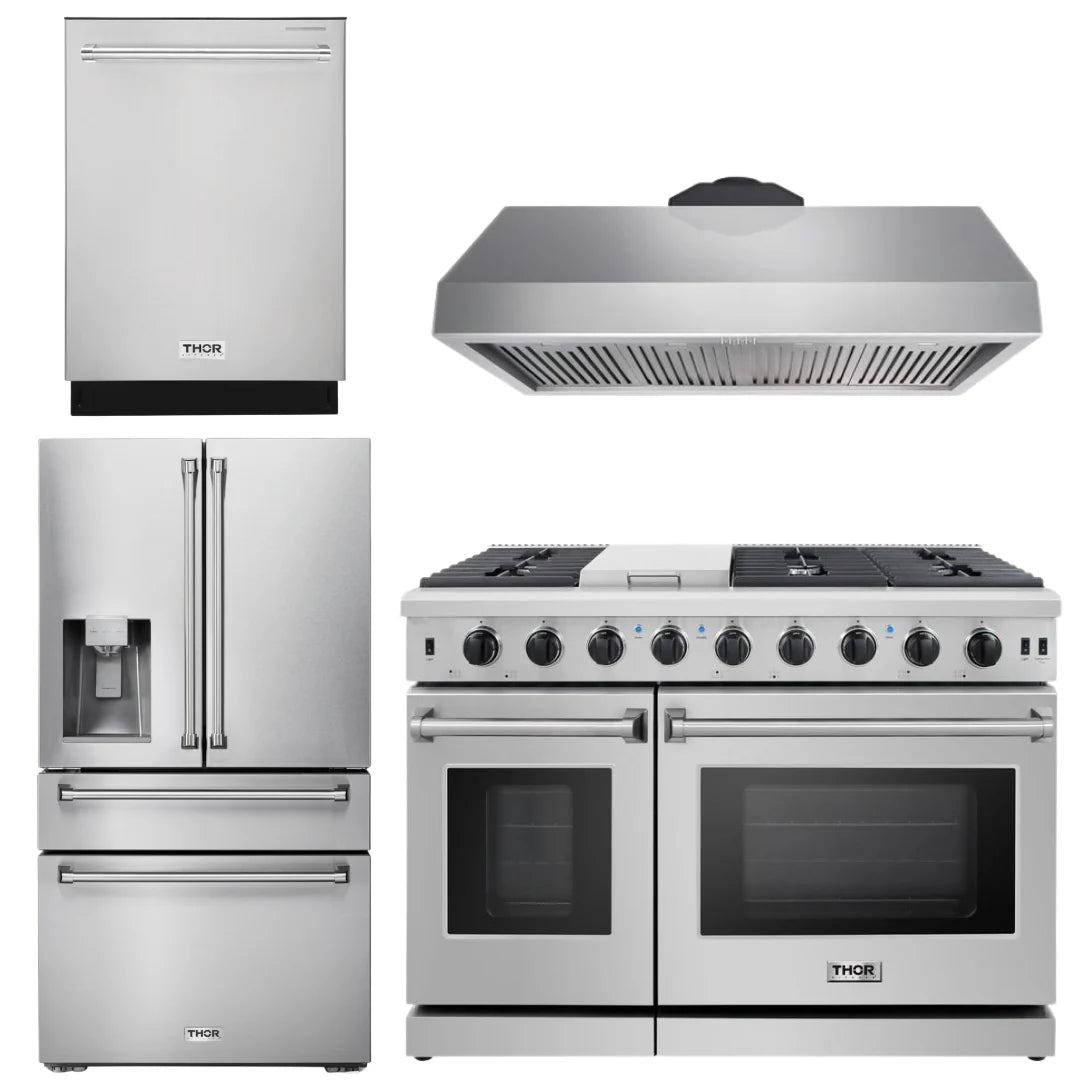 48 Propane Gas Range, Range Hood, Dishwasher, Refrigerator with Water and Ice Dispenser N409438
