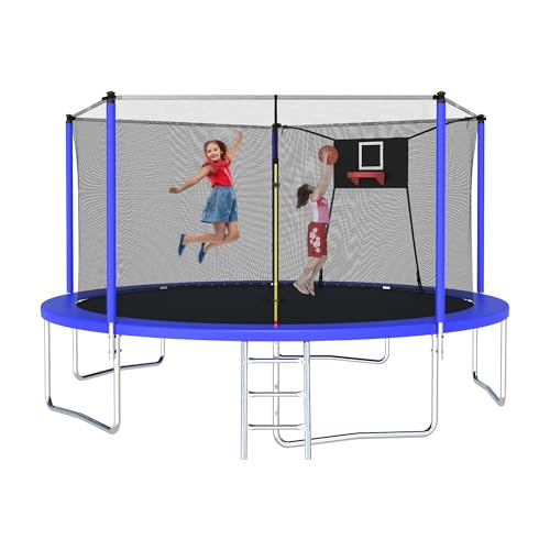 12FT 14FT 15FT 16FT Trampoline with Basketball Hoop, Ladder and Safety Enclosure Net P10873