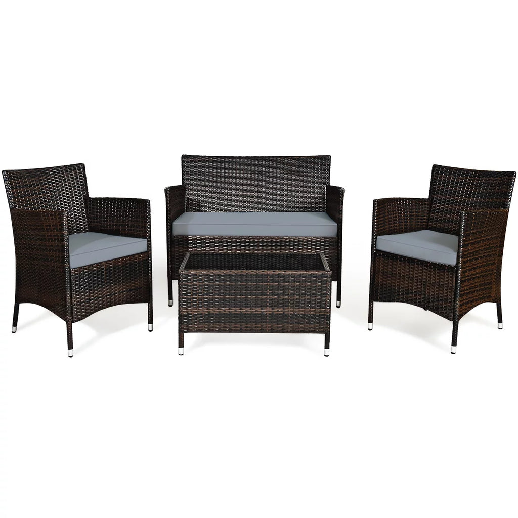 4-Piece Patio Rattan Wicker Furniture Set with Red Cushions P455774