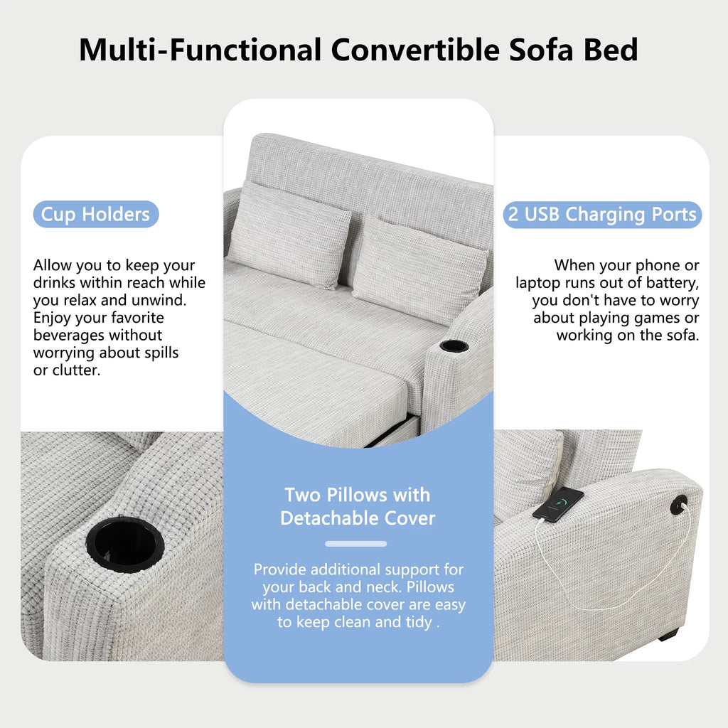 White Gray Chenille Convertible Loveseat Sofa with 2 Pillows S59815