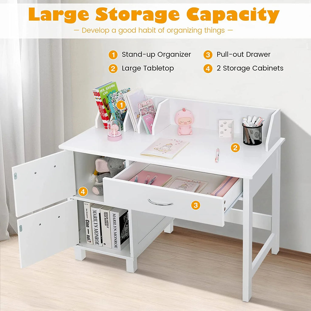 Kids Wooden Desk and Chair Set with Drawer & Storage Cabinets T7432