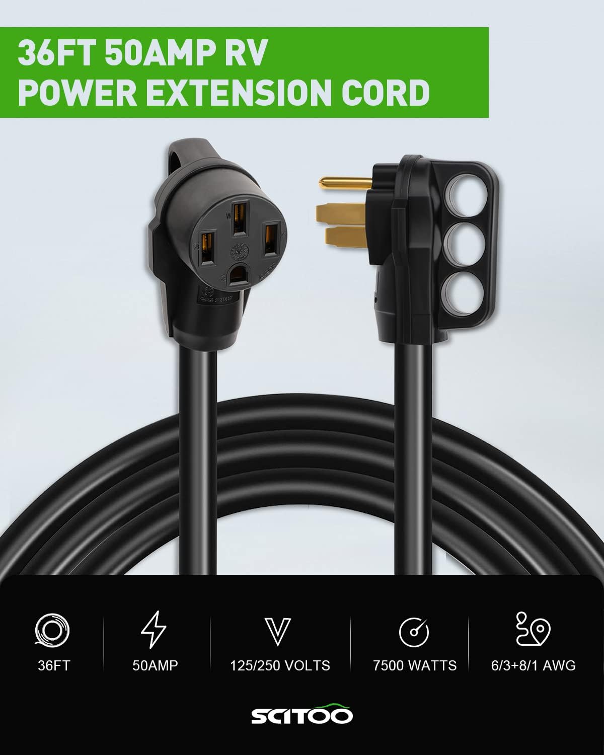 Black 36FT 50Amp RV Extension Cord with Handle, NEMA 14-50, 6AWG3C + 8AWG1C I368733