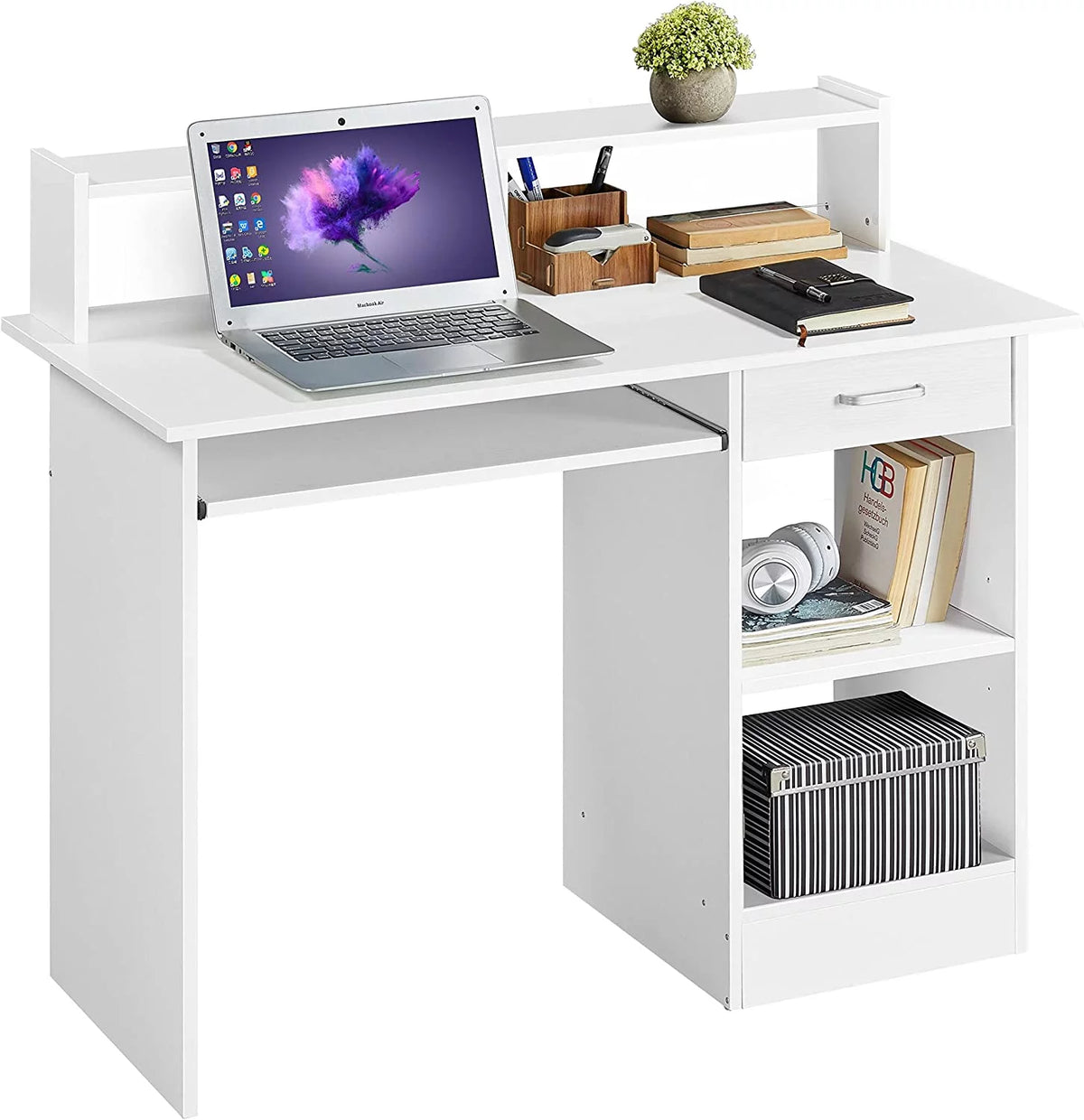 White Wood Computer Desk with Keyboard Tray and Drawers G400