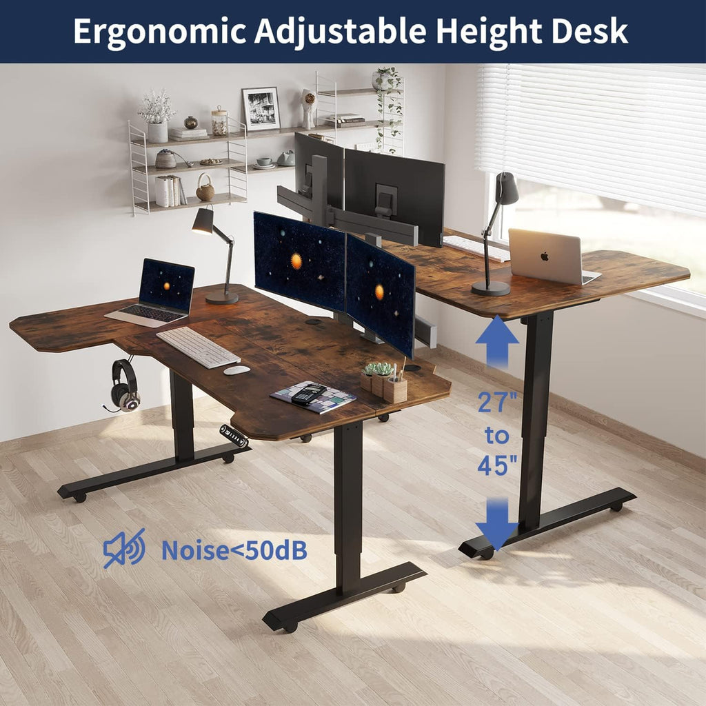 L Shaped Electric Height Adjustable Standing Desk with Black Frame & Rustic Brown Top A5892