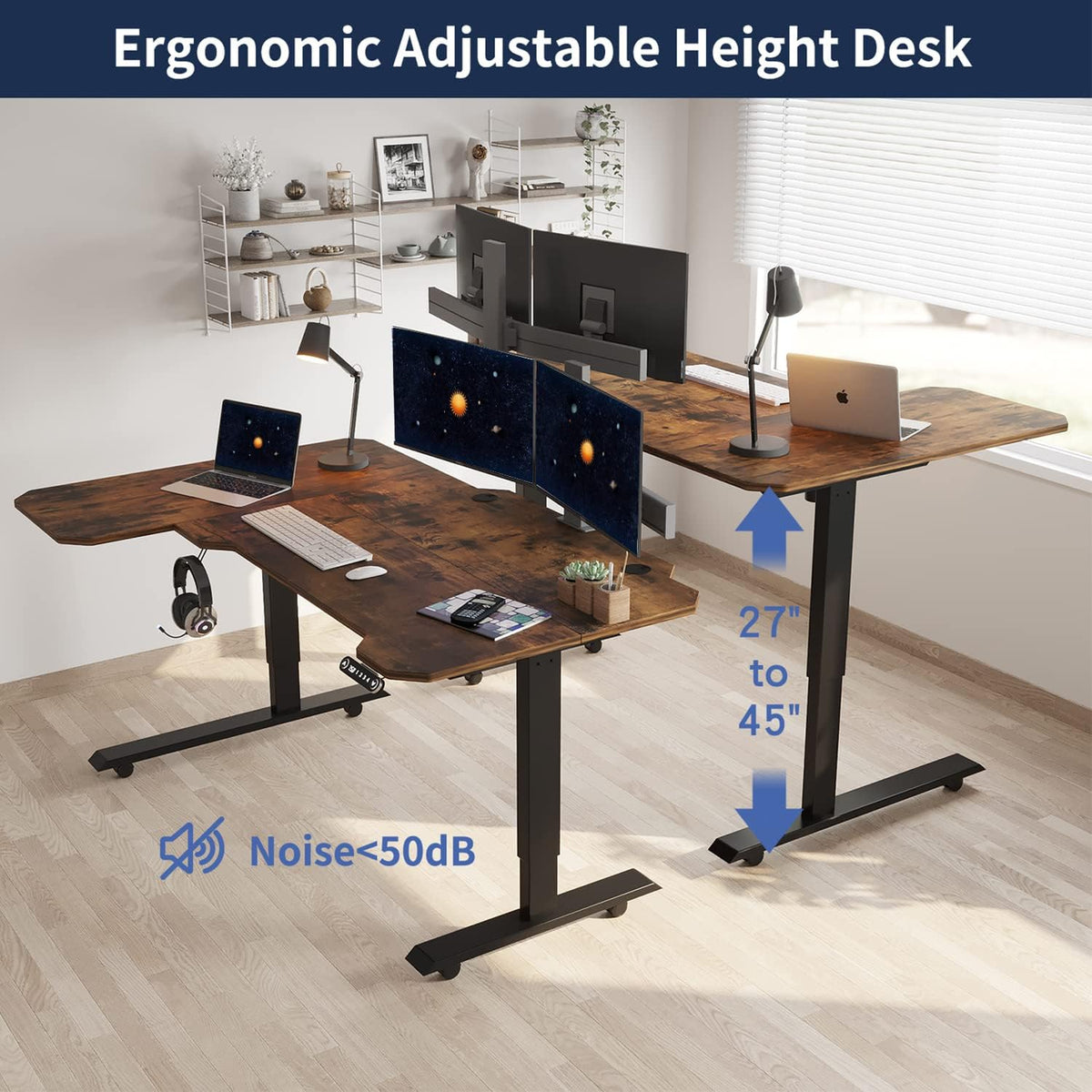L Shaped Electric Height Adjustable Standing Desk with Black Frame & Rustic Brown Top A5892