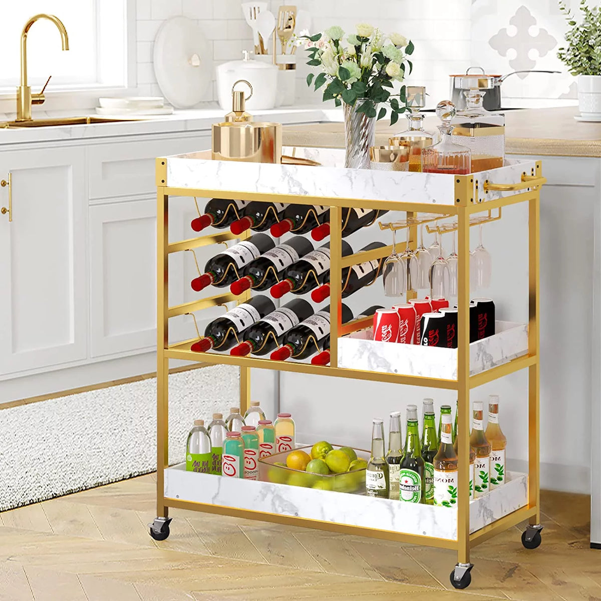 Gold Bar Cart with 12 Bottle Wine Rack K73909