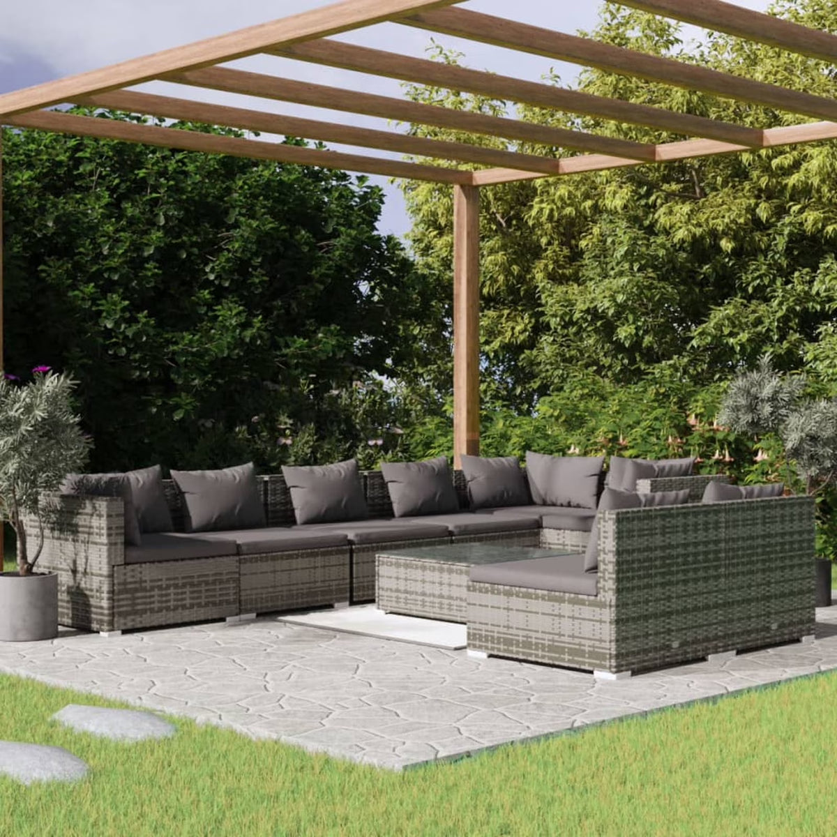 9 Piece Poly Rattan Outdoor Sectional Sofa Set with Anthracite Cushions Steel Frame F95321
