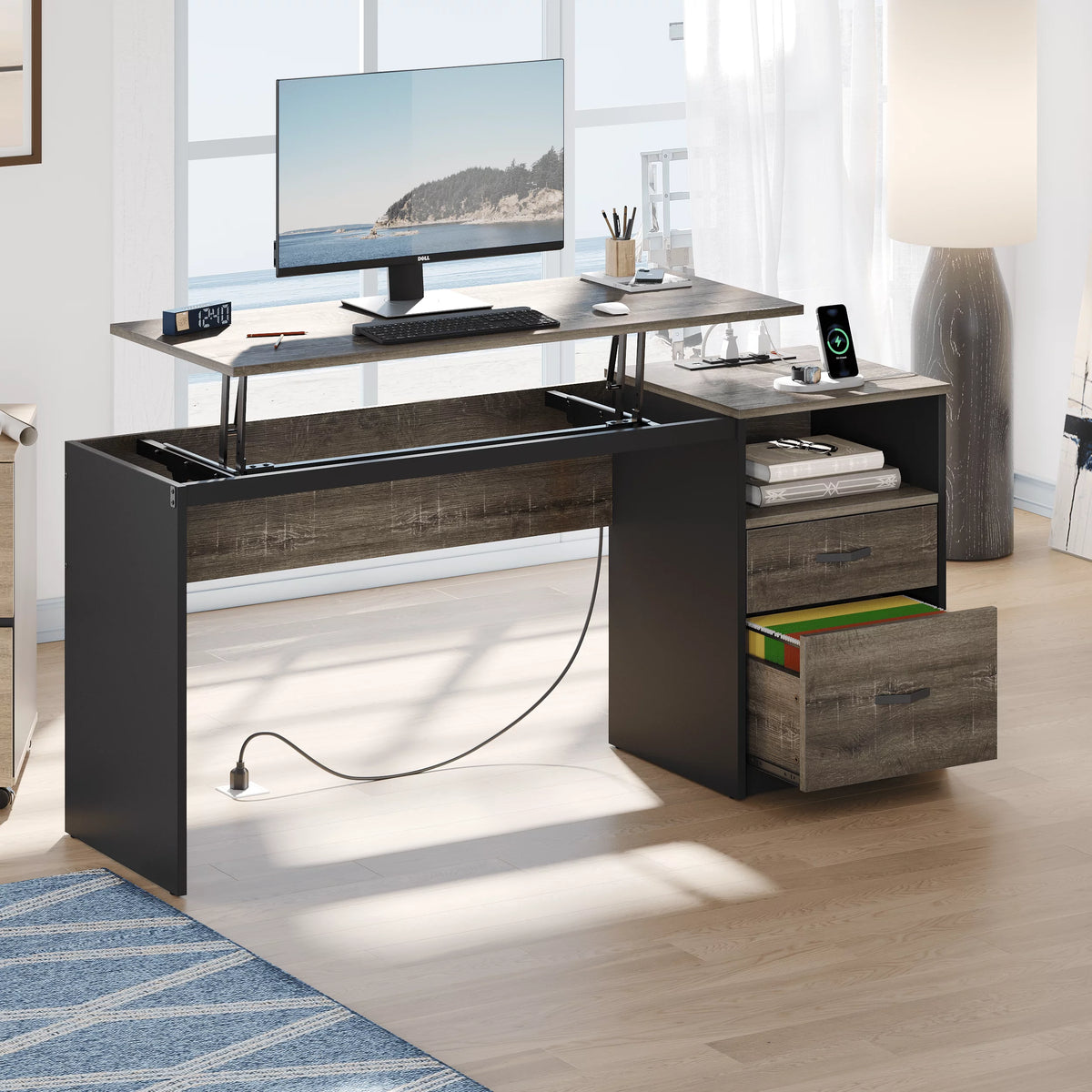 60" Gray Computer Desk with Drawers Q77615