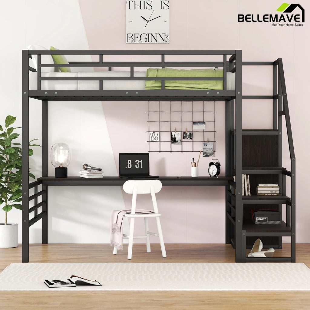 Full Size Black Metal Loft Bed with Storage Staircase and Desk B599636