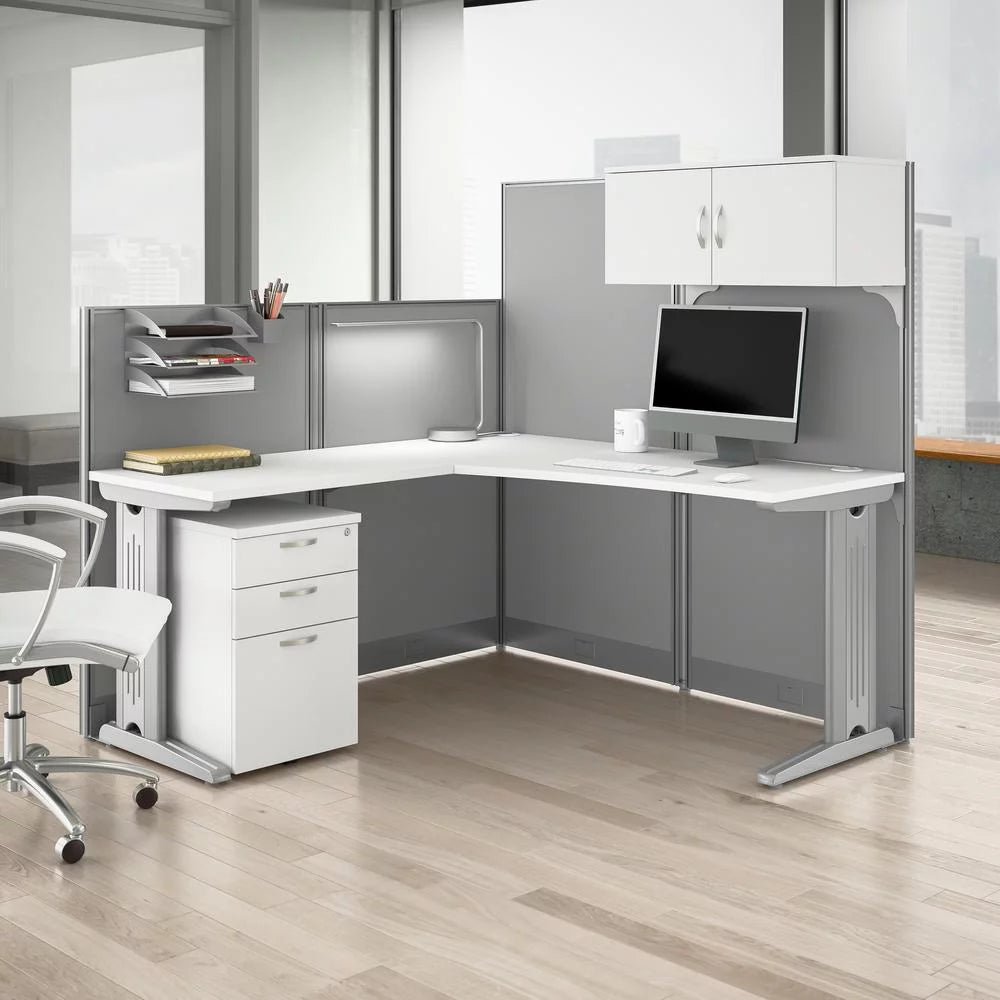 L Cubicle Desk with Storage in Pure White Engineered Wood N786149