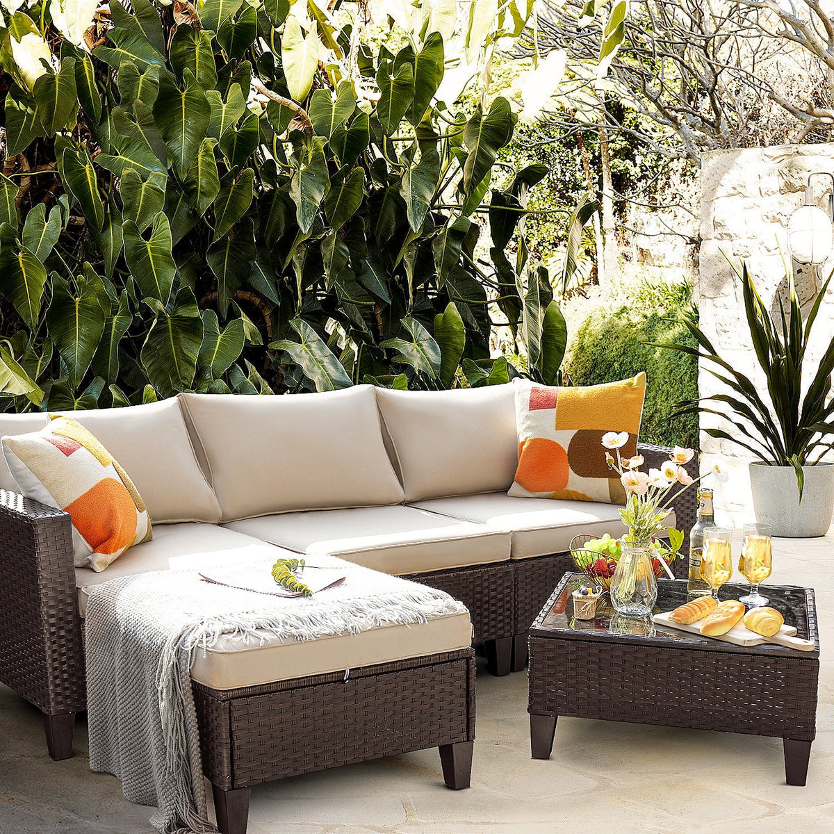 5 Pieces Wicker Rattan Outdoor Sofa Set with Ottoman Z409529