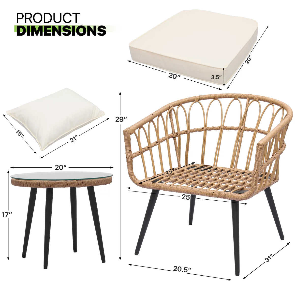 3 Pieces Rattan Wicker Patio Table & Chairs Set with Cushion J60523