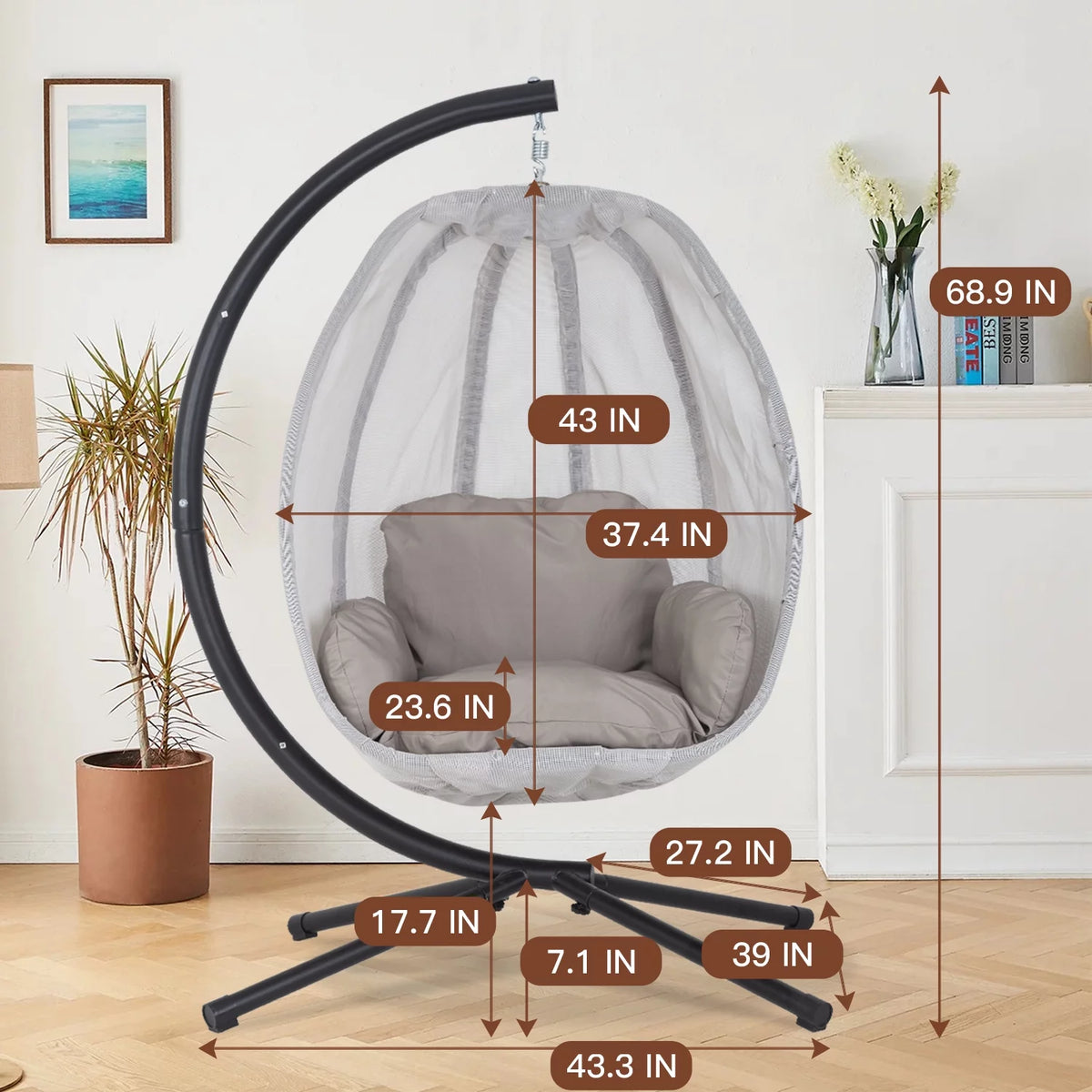 Egg Chair with Metal Stand and Cushion, 400LBS Capacity, Gray C139