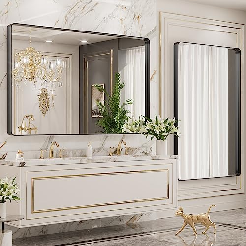 Black Metal Framed 22X30 Inch Rounded Rectangle Bathroom Mirror T1226