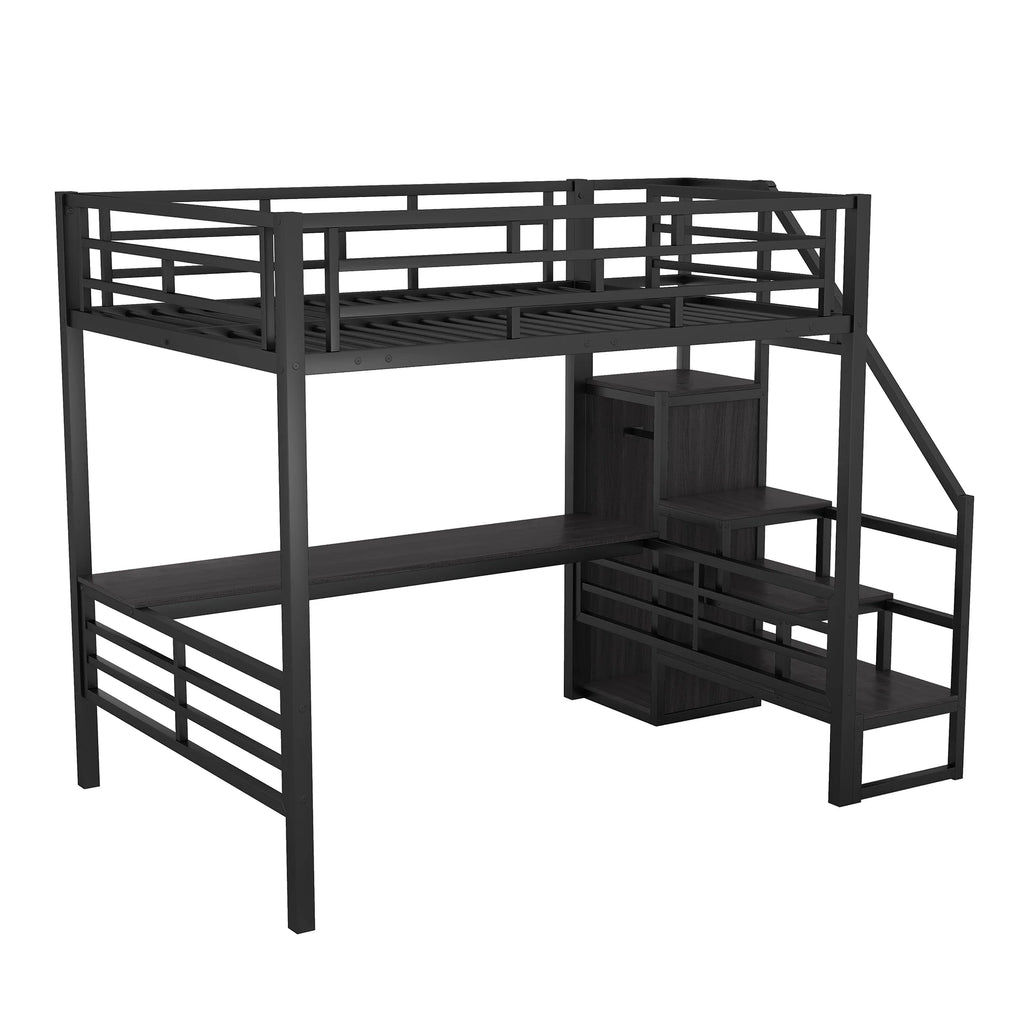 Full Size Black Metal Loft Bed with Storage Staircase and Desk B599636