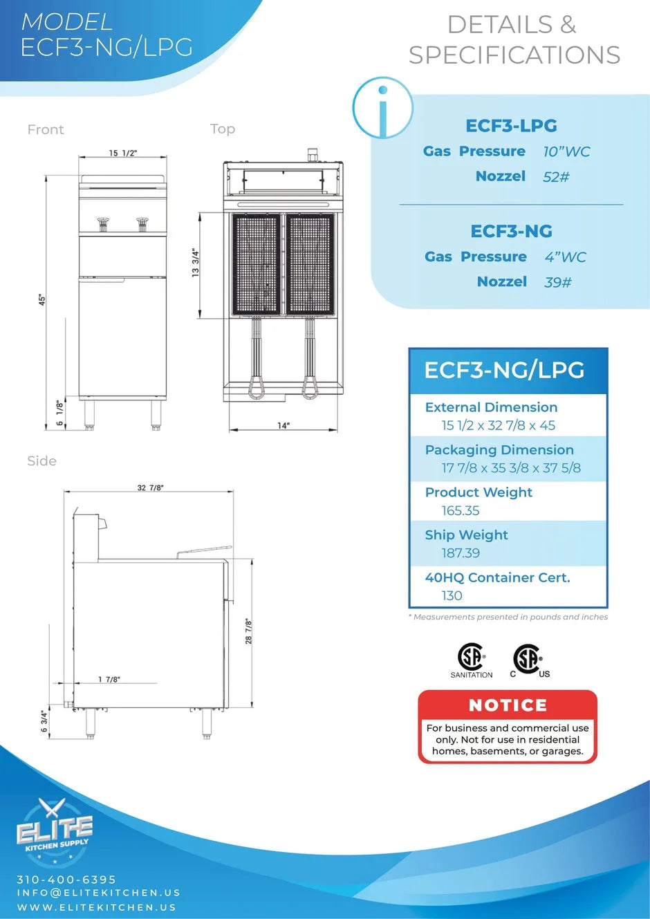 Natural Gas 15 in. 90000BTU Commercial Fryer I480