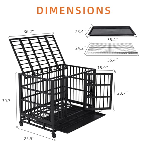 48 inch Heavy Duty Dog Crate with Lockable Wheels, Double Door, Removable Tray, Black A524