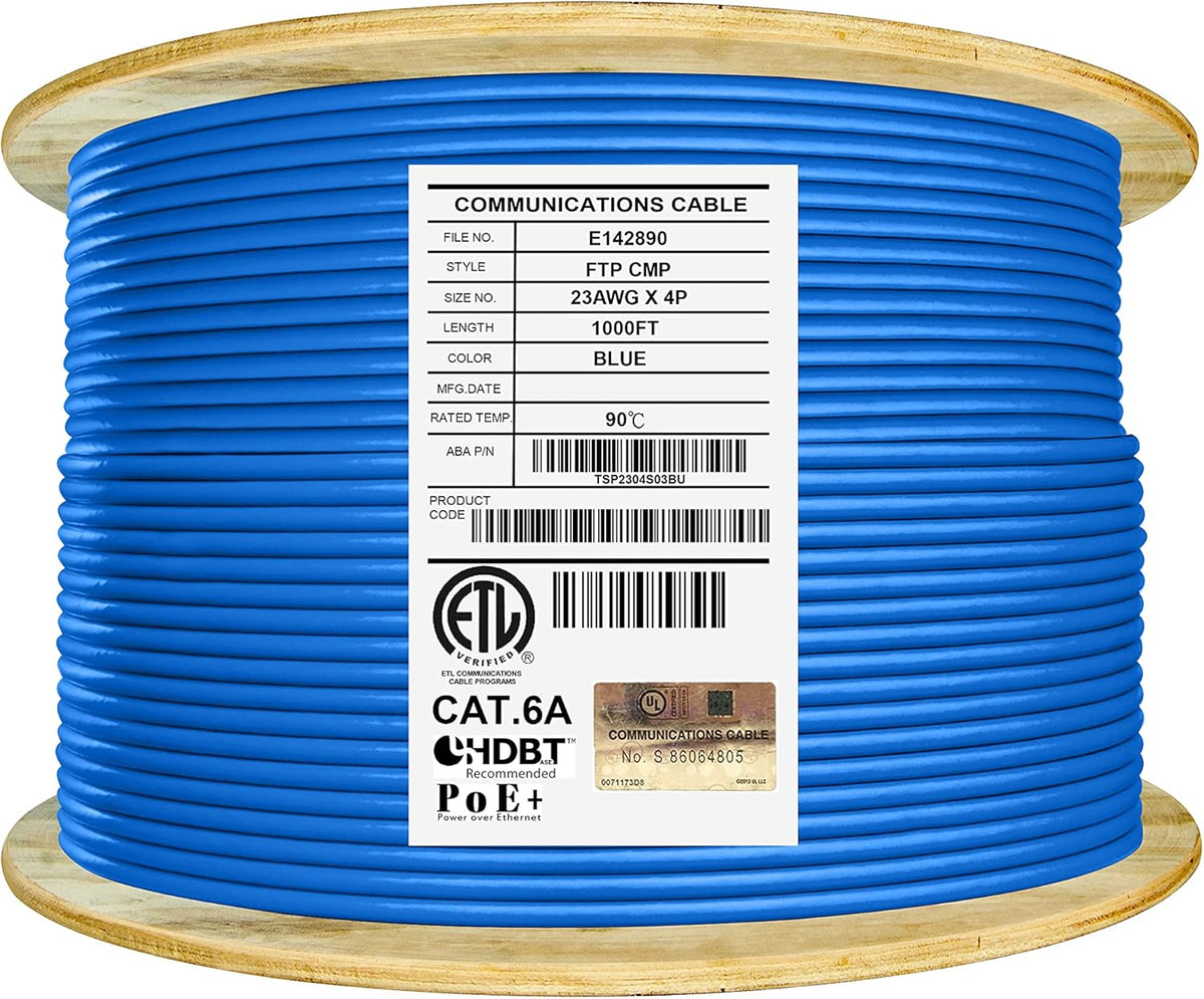 Cat6A Shielded Plenum 1000ft FTP 23AWG Solid Pure Copper Ethernet Cable Reel Blue A857