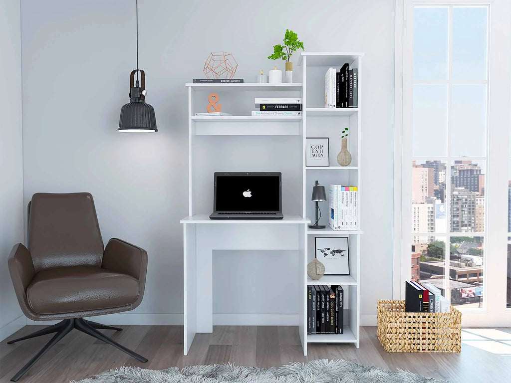 6-Shelf White Writing Desk with Bookcase W8708