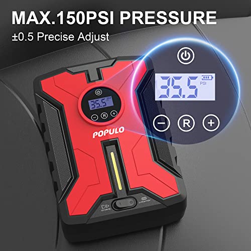 Dual-Power Cordless Tire Inflator Portable Air Compressor, 150PSI 12V Car DC Electric Air Pump with Digital Pressure Gauge N143