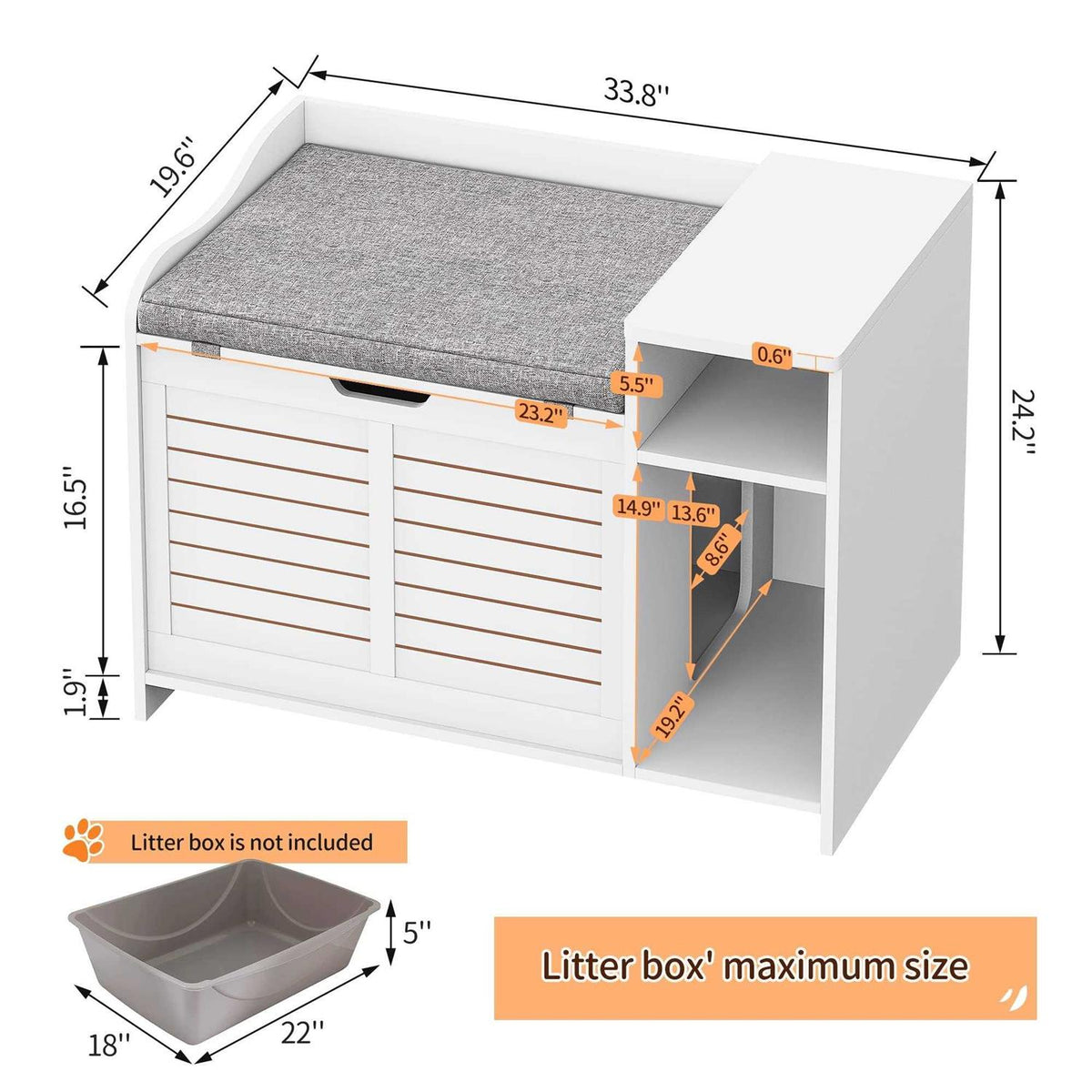 Litter Box Enclosure with Top Opening with Cushion Cat Litter Box Furniture W675897