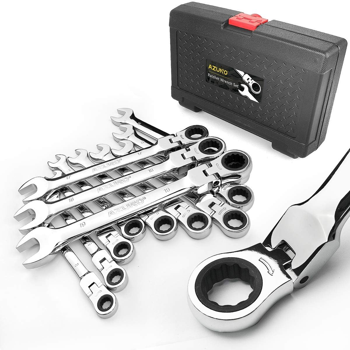 12-Piece Flex-head Ratcheting Wrench Set, Metric 8-19mm, Chrome Vanadium Steel Z64179