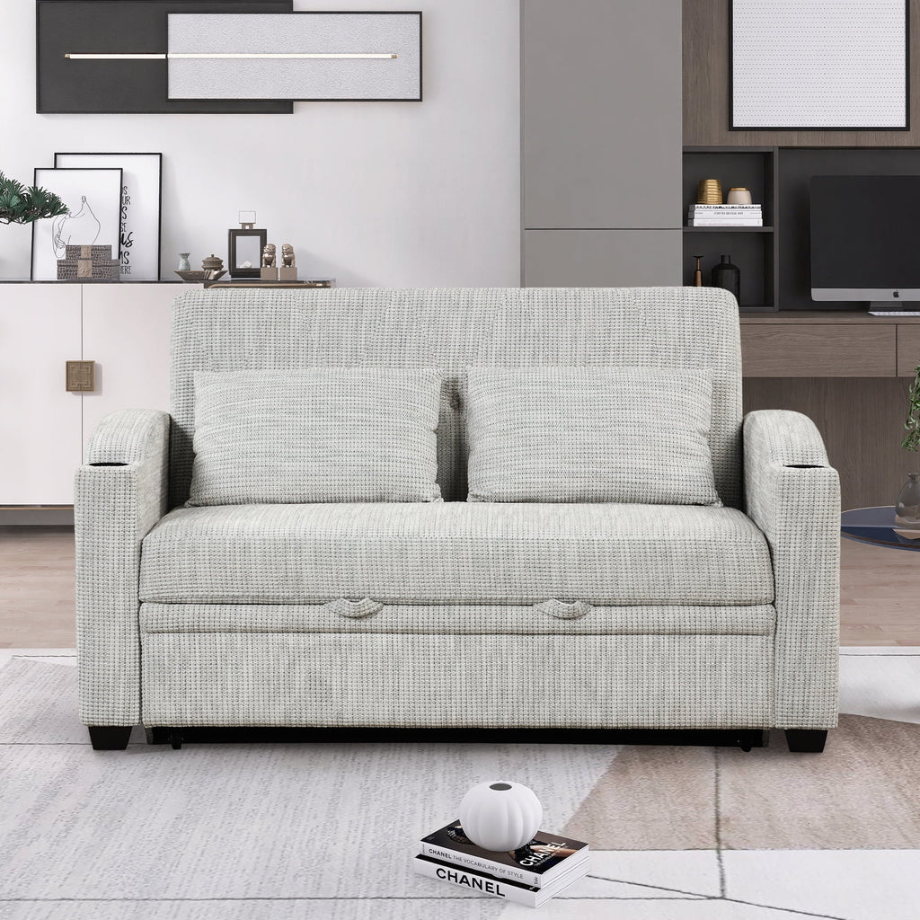 White Gray Chenille Convertible Loveseat Sofa with 2 Pillows S59815