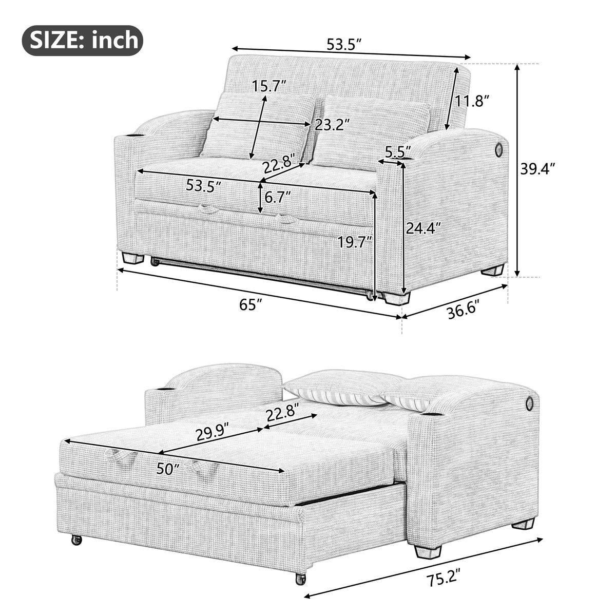 White Gray Chenille Convertible Loveseat Sofa with 2 Pillows S59815