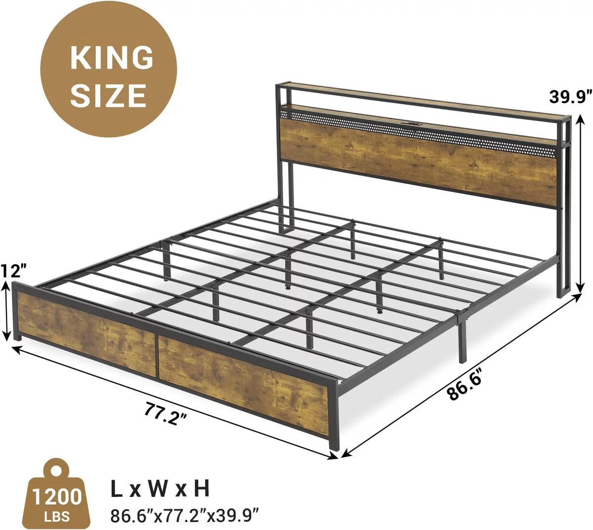 King Bed Frame with USB Ports and Outlets G48639