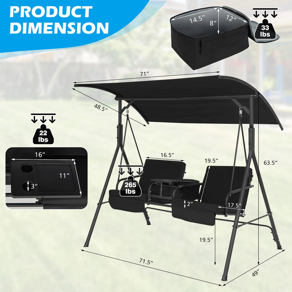 2-Person Canopy Porch Swing Padded Chair with Cooler Bag G6046