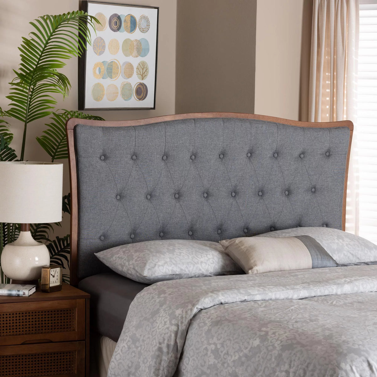 Grey Fabric and Walnut Brown Wood King Size Headboard A41830
