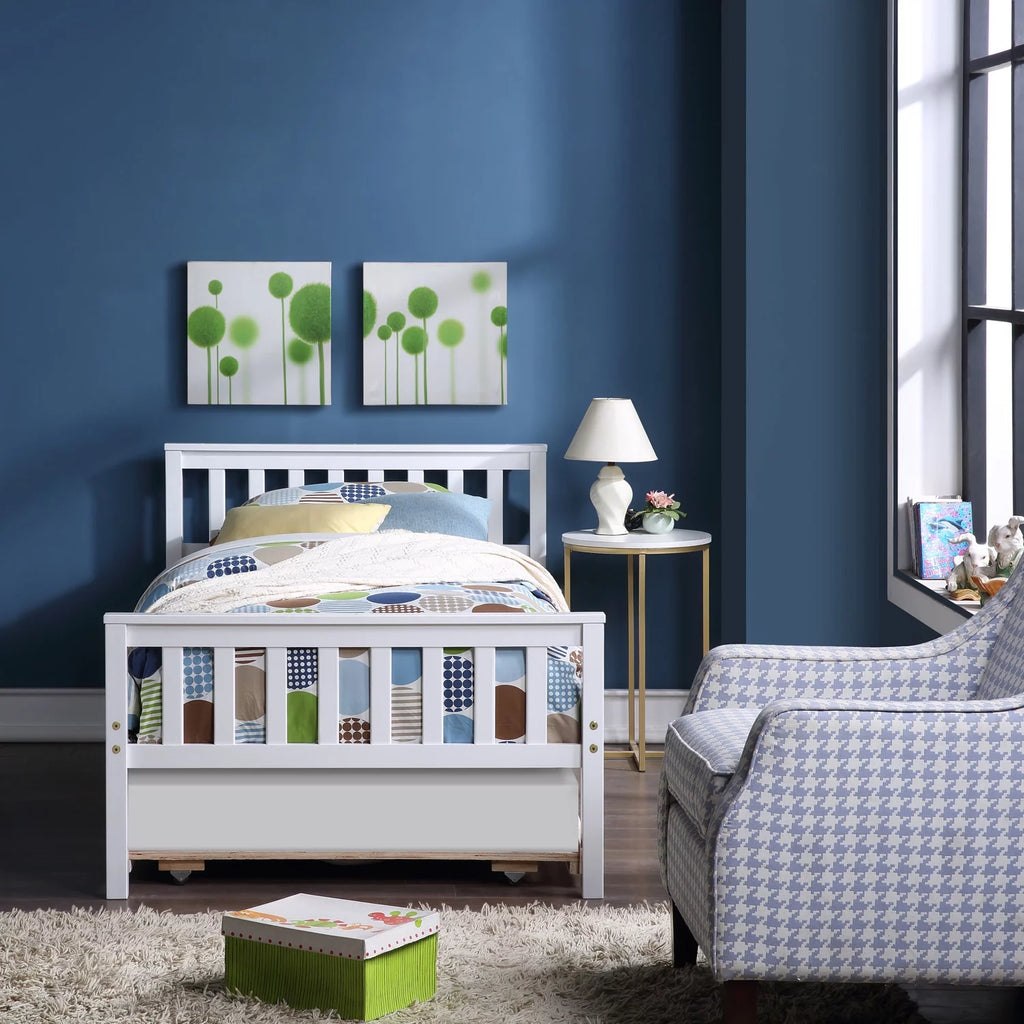 White Solid Pine Wood Twin Platform Bed with Trundle and Headboard Y5496