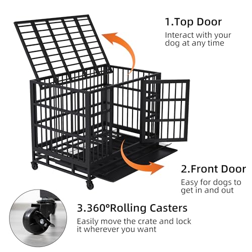 48 inch Heavy Duty Dog Crate with Lockable Wheels, Double Door, Removable Tray, Black A524