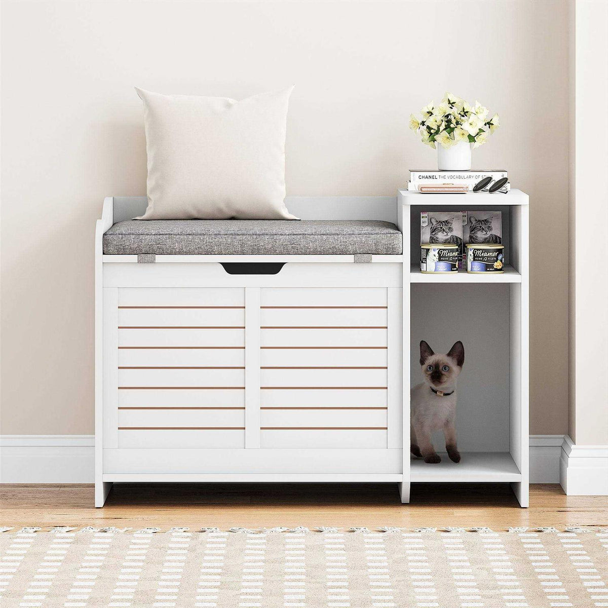Litter Box Enclosure with Top Opening with Cushion Cat Litter Box Furniture W675897