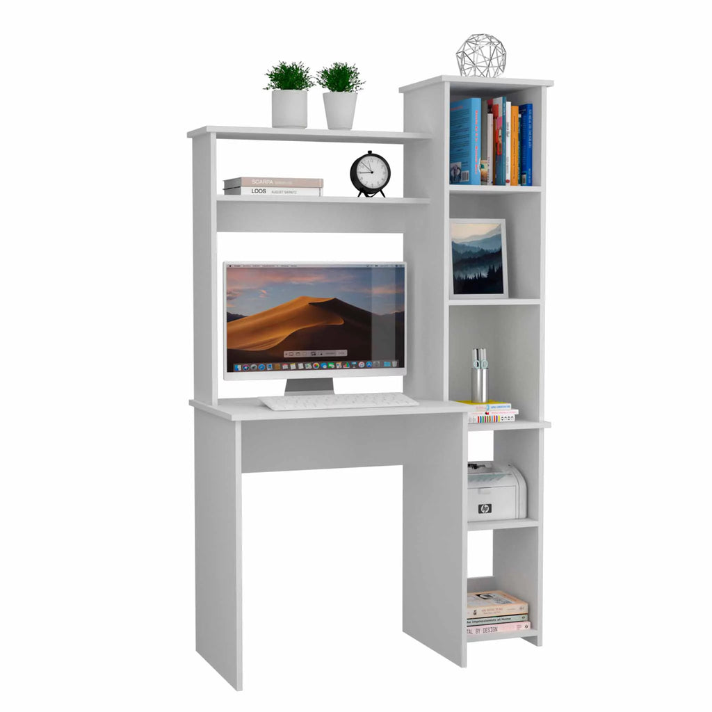 6-Shelf White Writing Desk with Bookcase W8708