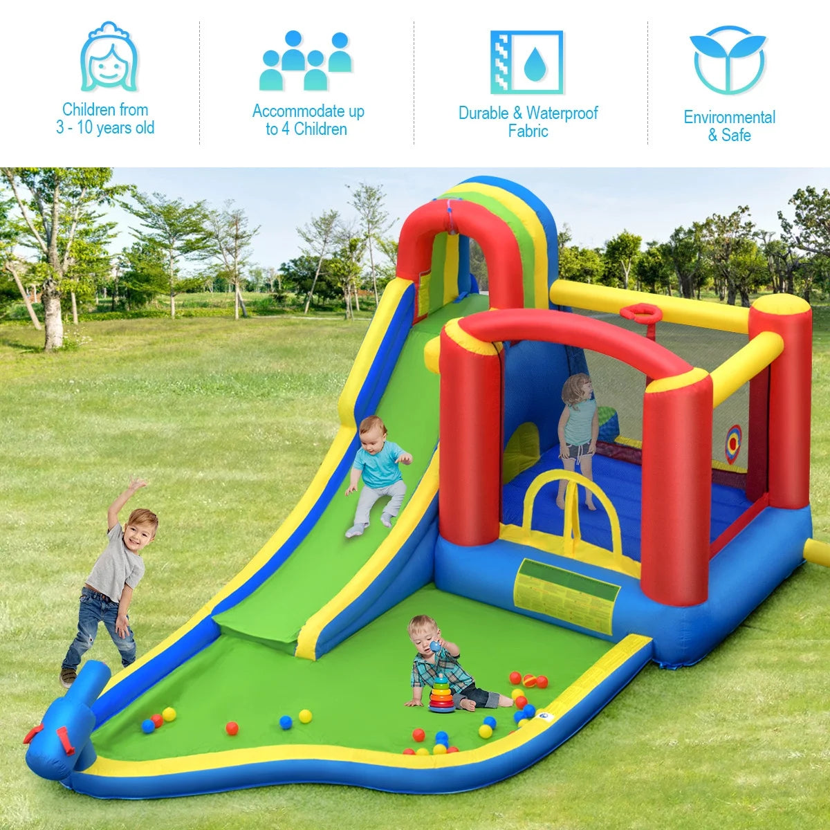 Inflatable Kid Bounce House Slide Climbing Splash Pool Castle with 750W Blower H53838