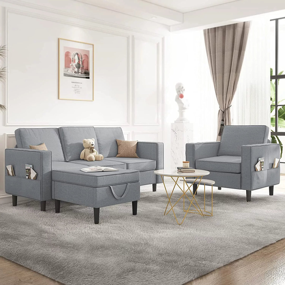Beige Convertible Sectional Sofa with Storage Ottoman H832