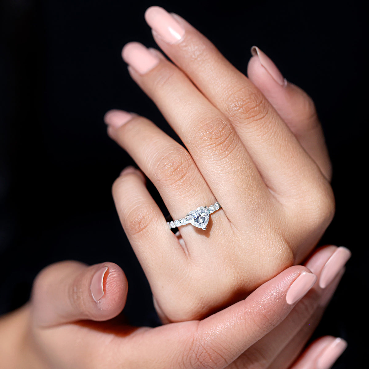 Heart Shape Moissanite Solitaire Engagement Ring with Side Stones, 925 Sterling Silver S11983