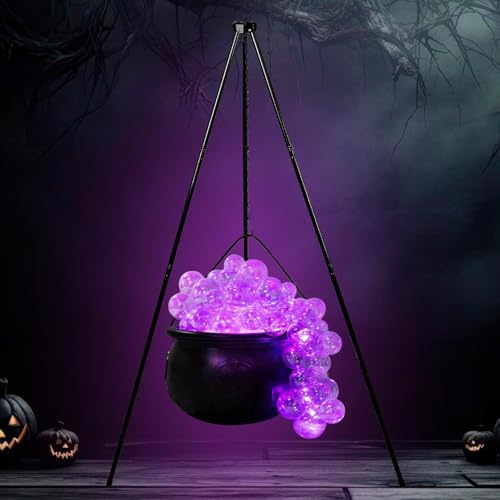Large Witches Cauldron On Tripod with String Lights, Purple F86258