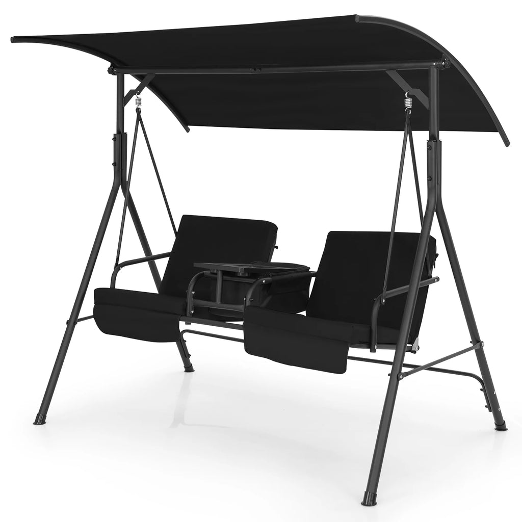 2-Person Canopy Porch Swing Padded Chair with Cooler Bag G6046