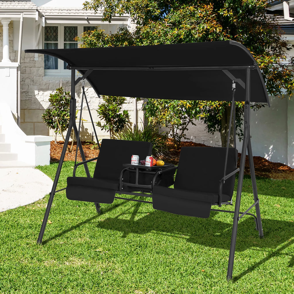 2-Person Canopy Porch Swing Padded Chair with Cooler Bag G6046