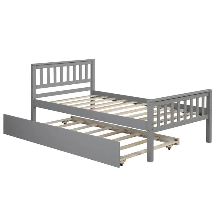 White Solid Pine Wood Twin Platform Bed with Trundle and Headboard Y5496