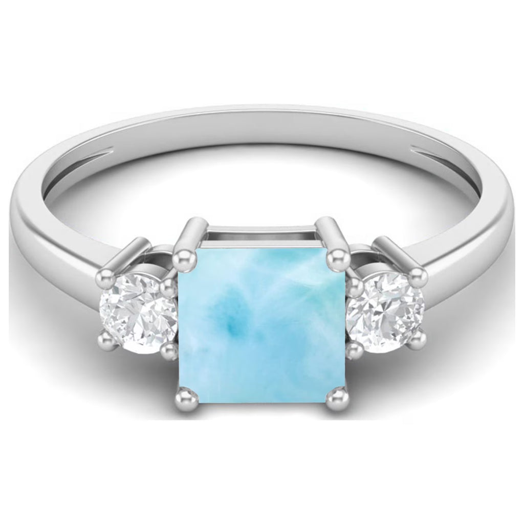 0.95 Ctw Princess Cut Square Larimar 925 Sterling Silver Trio Stone Ring J9083