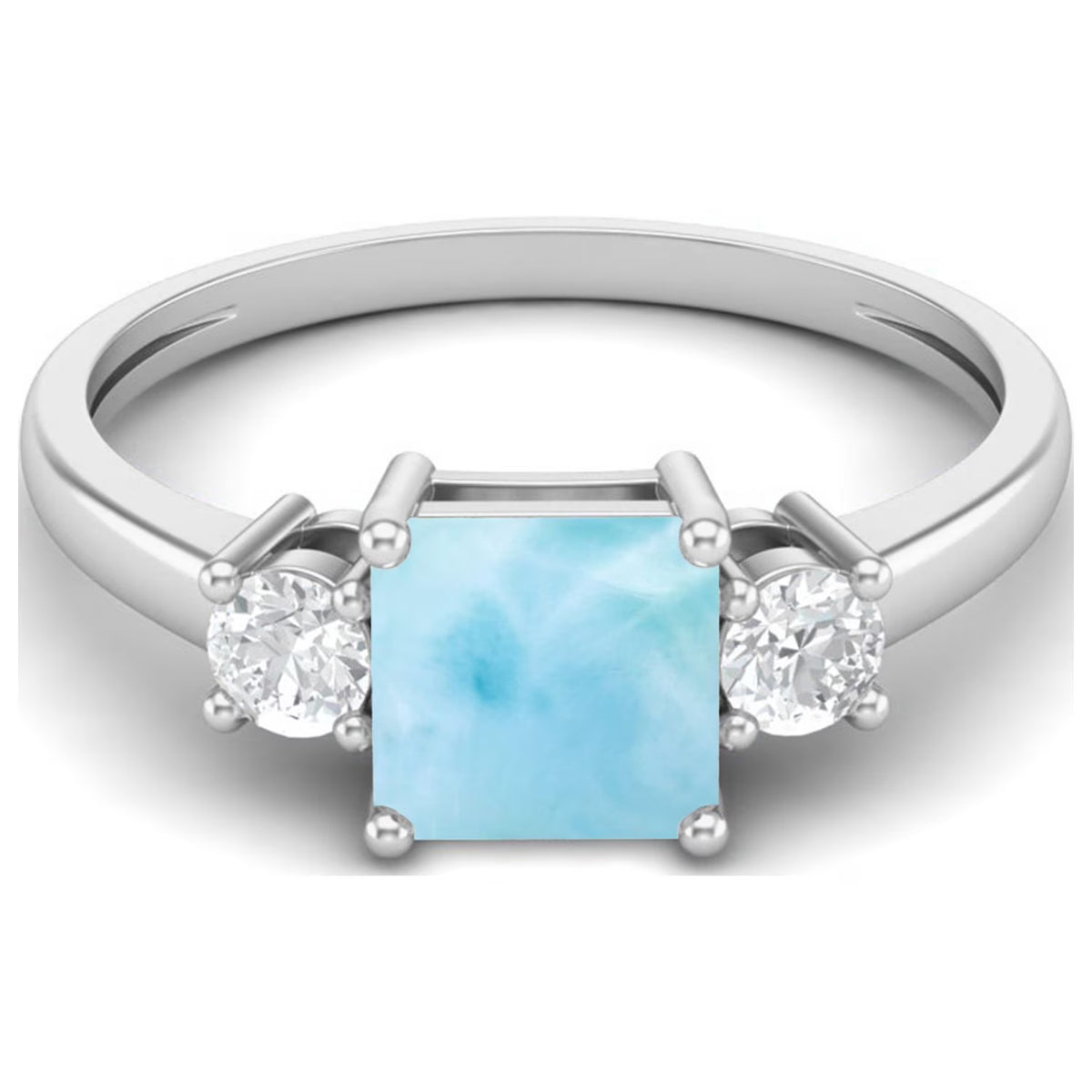 0.95 Ctw Princess Cut Square Larimar 925 Sterling Silver Trio Stone Ring J9083