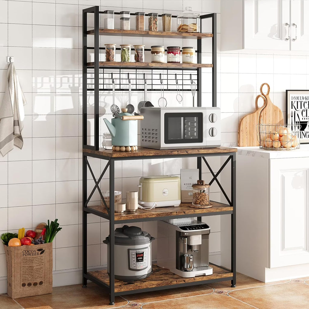 5-Tier Kitchen Utility Storage Shelf with 6 Hooks, Rustic Brown E66994