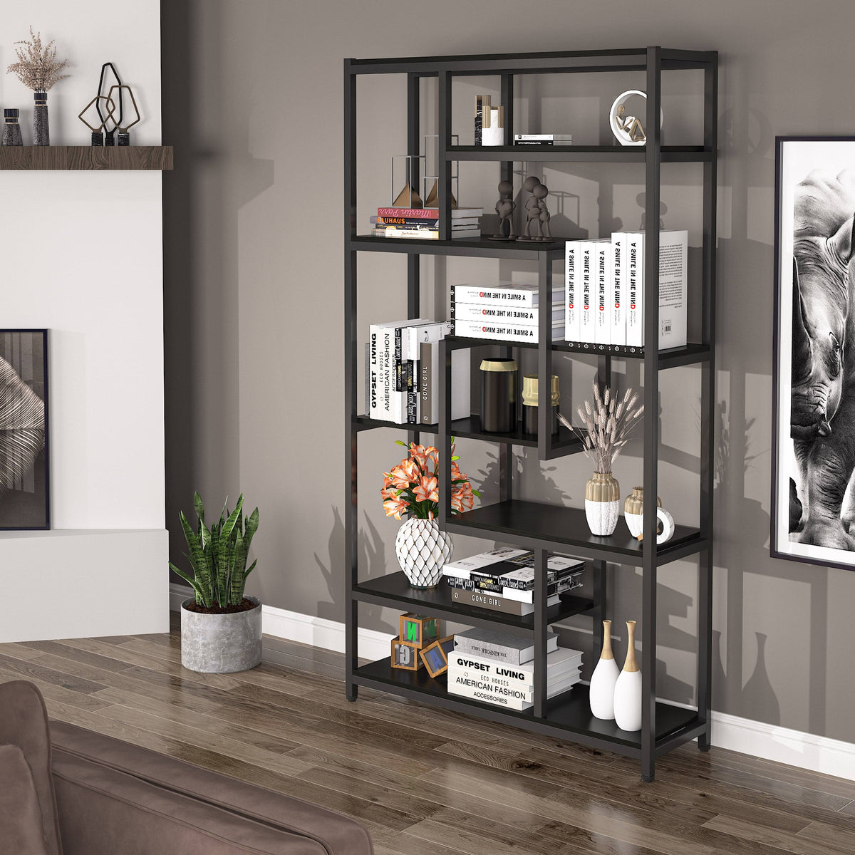 Black Staggered Bookshelf Etagere Bookcase X154672